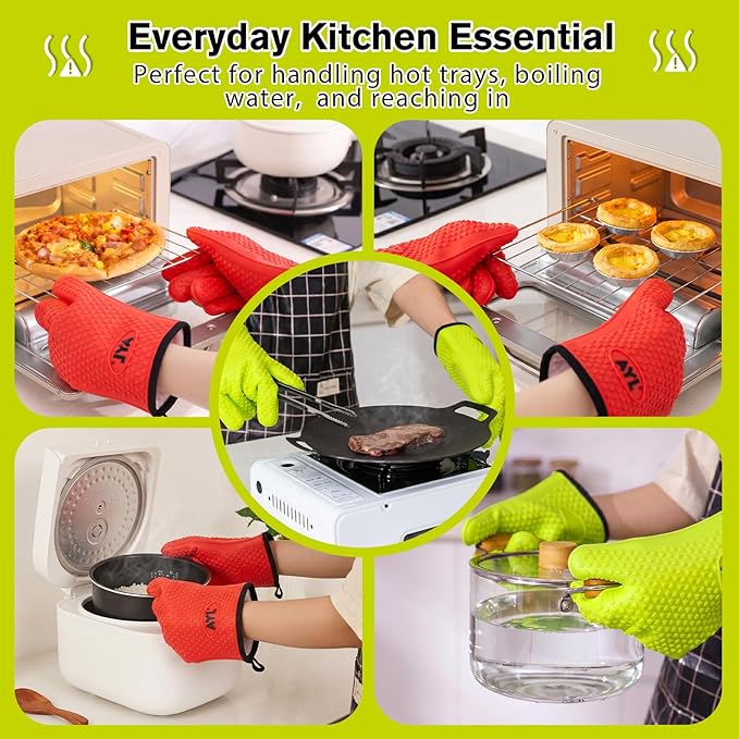 AYL Silicone Smoker Oven Gloves - Extreme Heat Resistant BBQ Gloves - Handle Hot Food on Your Grill, Pit & Turkey Fryer | Waterproof Meat Handling Mitts with Cotton Layer | Ultimate Set + Bonuses