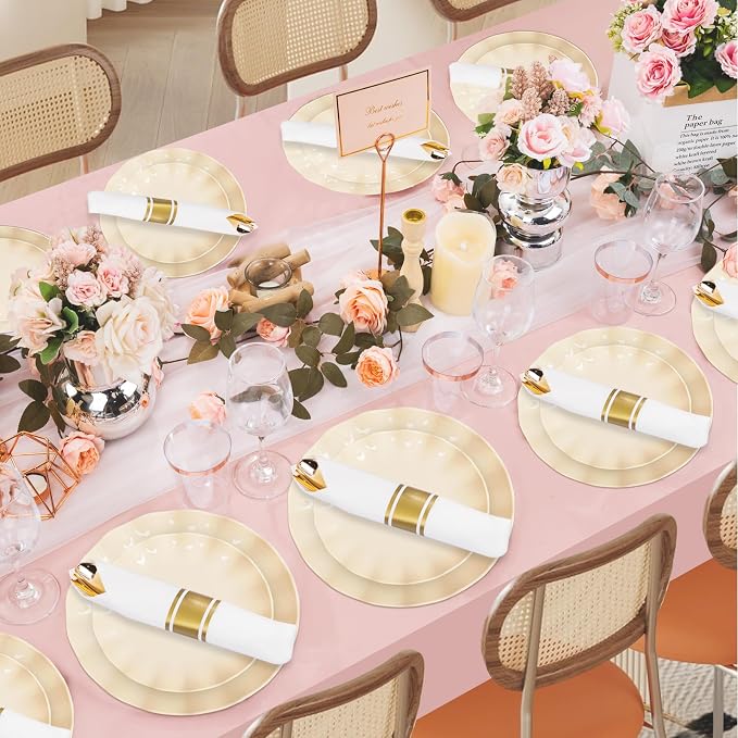 LIYH 50 Pcs Beige Plastic Plates Reusable Unbreakable Dinner Plates Scalloped Plastic Plate Dishwasher Safe Ivory Plate Sets Perfect for Parties Birthday Picnics BPA Free (25Guests)