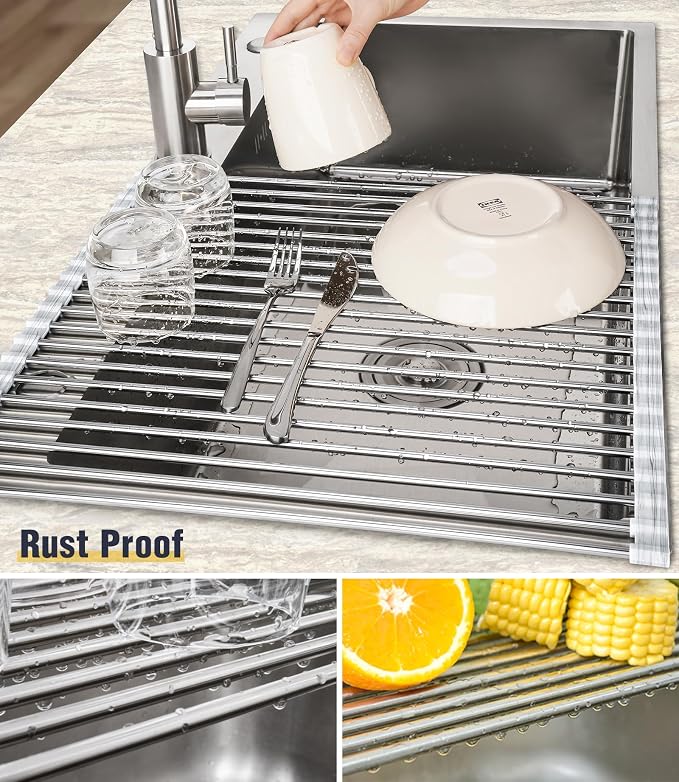 Tomorotec Roll Up Dish Drying Rack Over Sink, 304 Steel, 21x15.5, Marble | Anti-Slip Silicone Rims For Grip, Heat-Resistant Trivet Mat Holding Heavy Cookware, Rustproof Kitchen Counter Space Saver