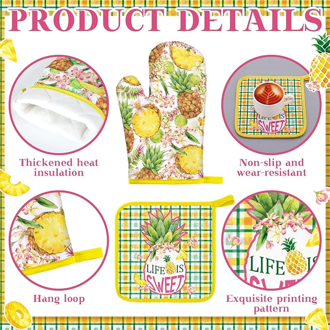 Fourluoo 10 Pcs Pineapple Kitchen Decor and Accessories Set Pineapple Kitchen Rugs and Towels Pot Holders Oven Mitts Set for Cooking Baking Mom Housewarming Gifts