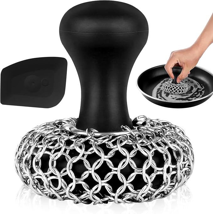 316L Chainmail Scrubber Cleaner Kit - Chain Scrubber with Long Grip Handle | Zylark Chain Mail Scrubber Cast Iron - Cast Iron Skillet Scrubber - Chain Scrubber with Long Handle