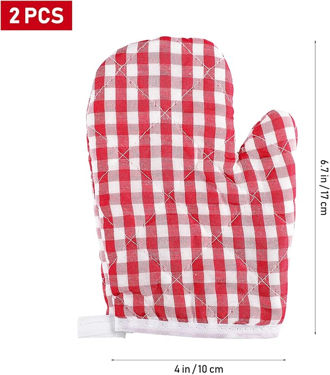 2Pcs Oven Mitts for Play Kitchen, Anti- Scald Gloves Microwave Oven Gloves Kitchen Mitts for Safe Baking Cooking (Red Checkered)