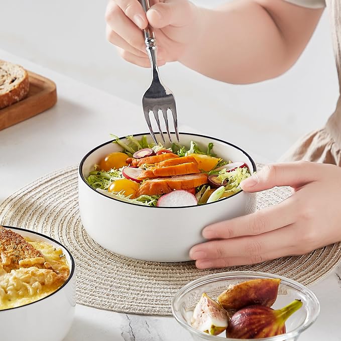 MALACASA 24 OZ Ceramic Bowls Set of 6, Soup Cereal Bowls, Black Rim | Porcelain Bowls for Breakfast, Cereal, Soup, Oatmeal, Yogurt, Microwave, Oven, Dishwasher Safe for Daily Use, Series LUNA