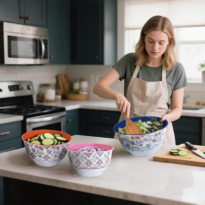 TP Melamine Mixing Bowl Set with Lids, Salad Bowl Set of 3, Ottoman Floral | Nesting Design,Break-resistant,Pasta & Salad Prep, Baking Prep, Space-saving Storage, Freezer Safe, Dishwasher Safe