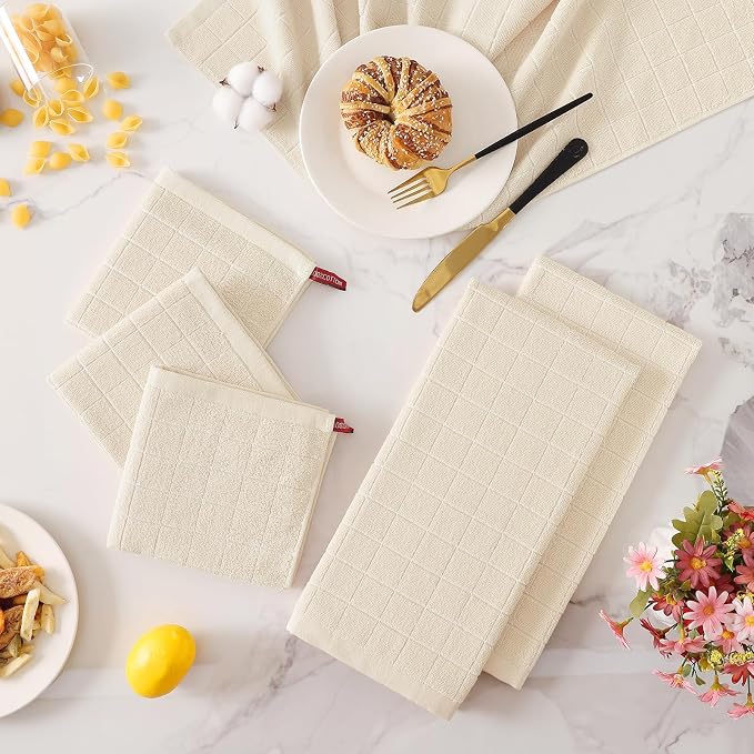 Homaxy Kitchen Towels and Dishcloths Set, Set of 8, Beige | Bulk Cotton Terry Kitchen Towels, Checkered Designed, Soft and Super Absorbent Dish Towels, 12 x 12 and 13 x 28 Inches