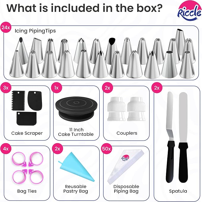 88 pcs Cake Decorating Kit with Blue Cake Turntable - Includes 50 Disposable + 2 Reusable Piping Bags and Tips Set, 24 Icing Piping Tips, 2 Spatulas, 3 Icing Comb Scraper (Black)