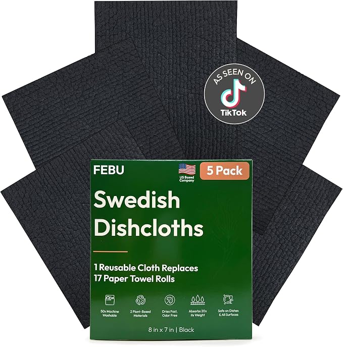 Swedish Dishcloths for Kitchen, 5 Pack, Solid Black | Reusable Paper Towels Washable, Swedish Dish Towels, Non-Scratch Cellulose Sponge Cloths