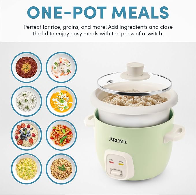 AROMA® Mini Rice Cooker, 2-Cup (Uncooked) / 4-Cup (Cooked), Grain Cooker, Soup Maker, Oatmeal Cooker, Auto Keep Warm, 1 Qt, Light Green