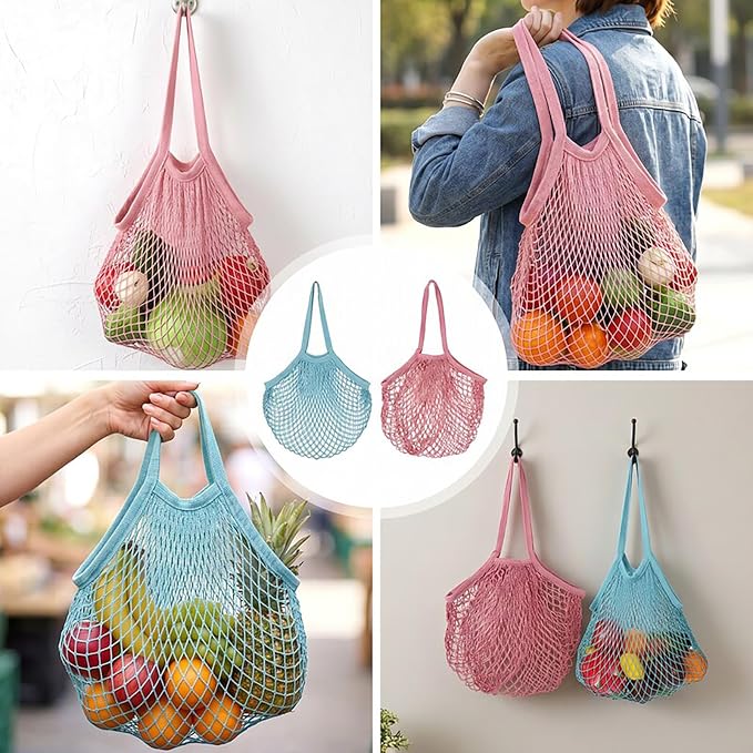 Mabor 2 Pcs Mesh Tote Bag, Reusable Foldable Cotton Mesh Grocery Produce Bag for Shopping, Lightweight Net Tote, Blue & Pink