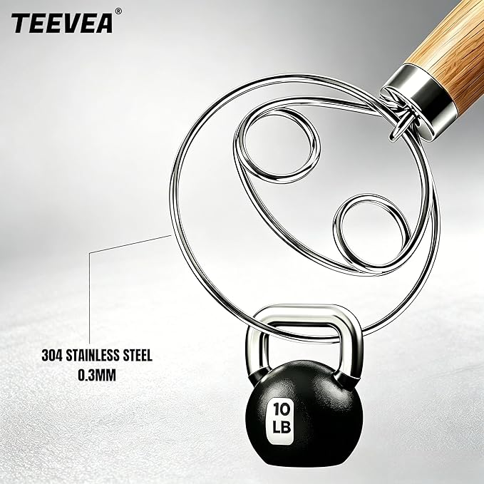 TEEVEA Danish Dough Whisk Stainless Steel Wooden Handle for Sourdough Bread | 4-Loop Food-Grade Steel Dutch Whisk, Even Mixing, Replaces Dough Hook and Mixing Spoon, Nonstick Easy Clean, Sourdough Mixer