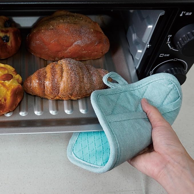 Pot Holders Yarn-Dyed Set of 3 Non Slip Silicone Kitchen Lines | Heat Resistant 500℉ Kitchen Gloves BBQ Baking Women Men Cooking Barbecue Microwave Machine Washable (L-Blue Potholder)