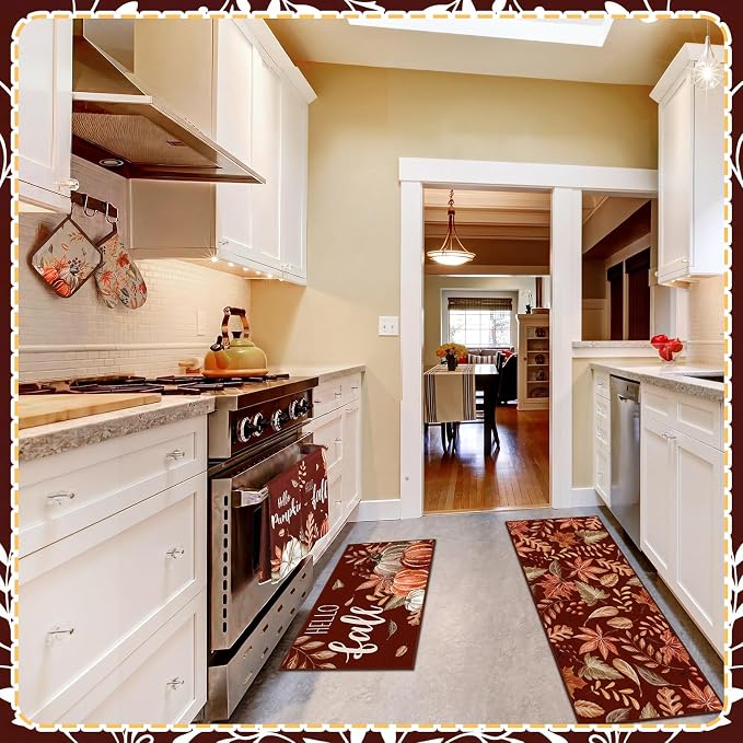 Fourluoo 10 Pcs Kitchen Dish Towels Rugs Oven Mitts and Pot Holders Set Farmhouse Kitchen Decor Set for Women Mom Daughter Gift Cooking Baking Grilling(Antique Color,Maple Leaf, Pumpkin)