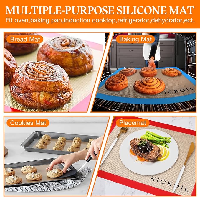 Silicone Baking Mats Set of 3, Non-Stick Reusable BPA-Free Oven Liners | Non Slip Silicone Baking Sheet for Cookies, Macarons, Bread and Pastry, 16.5'' x 11.6''(2 Half) & 11.6' x 8,5''(1 Quarter)