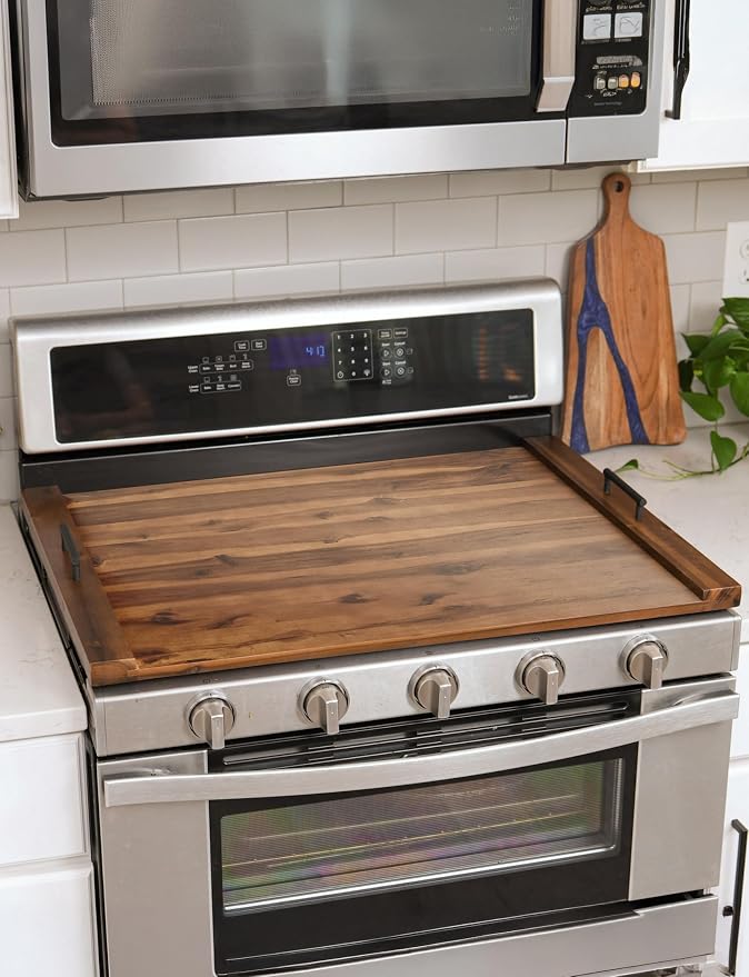 TIDITA Acacia Stove Top Covers for Electric Stove, Handles, Walnut color | Acacia Wood, Metal Handles, Non-Skid Pads, Easy Assembly, Wooden Noodle Board for Gas Stovetop, Gas Stove Cover, Multi-Use