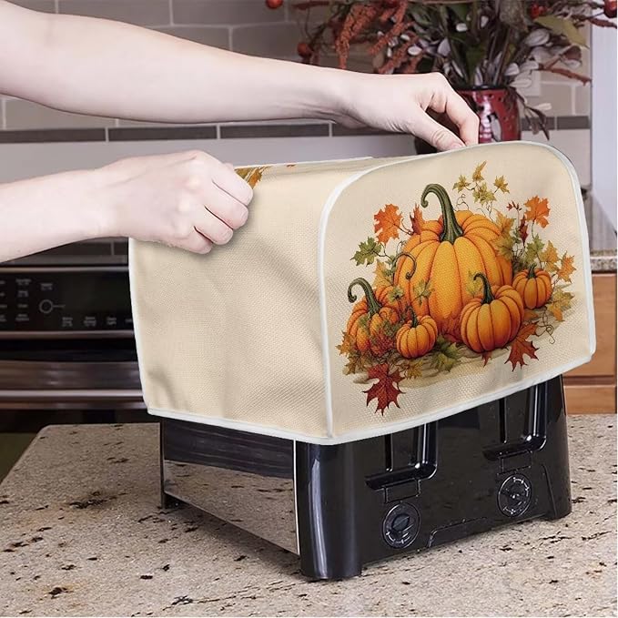 2 Slice Bread Toaster Cover for Thanksgiving, Fall Leaves Pumpkin Print Bakeware Protector Kitchen Accessories Appliance Dust Cover Kitchen Festival Decor Toaster Oven Covers