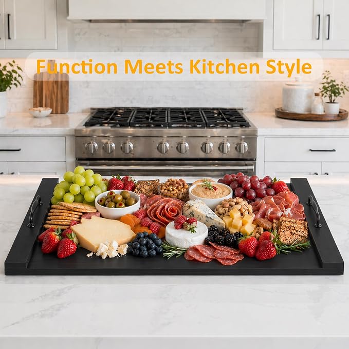 Noodle Board Stove Cover with Handles, 29.5 x 22 Inch, Black | Engineered Wood Cover for Electric and Gas Stove Tops, Raised Edge Serving Tray for Extra Counter Space