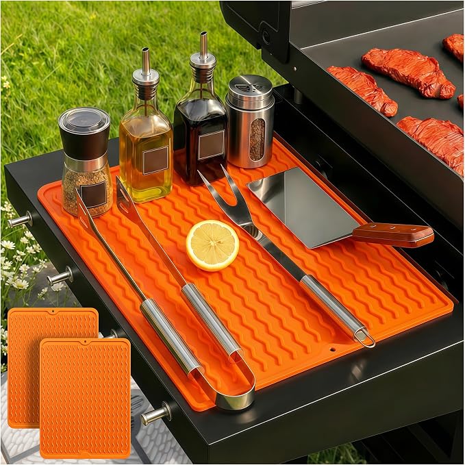 2 Pack Caketime Silicone Grill Mats Compatible with All Griddle Types Flat Top Accessories Kitchen Countertop Outdoor Patio Tools Summer Camping Lawn Gadgets Father Dad Chef Men Gifts(Orange)
