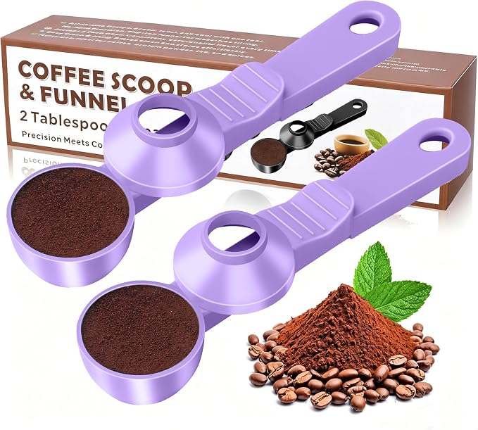 2-in-1 Coffee Scoop with Funnel, 2 Tbsp Measuring Spoon for Reusable K Cups, Ground Coffee, Protein Powder & Tea, Mess-Free Plastic Design（Light Purple-2pack）