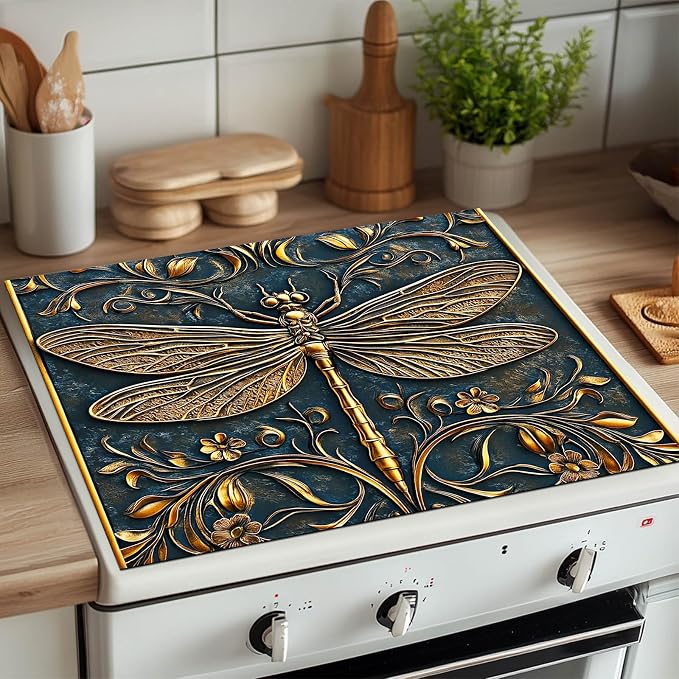 HOMETITUTE Golden Dragonfly Stove Top Cover 28x20 Diatomite Embossed Mat