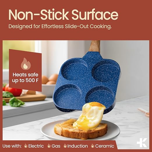 4-Cup Nonstick Frying Egg Pan Blue Marble, Granite Pancake Pan, PFOS & PFOA Free, Die-Cast Aluminum with Heat-Resistant Handle, 500°F Stove-Safe, Compatible with Induction, Gas & Electric Cooktops