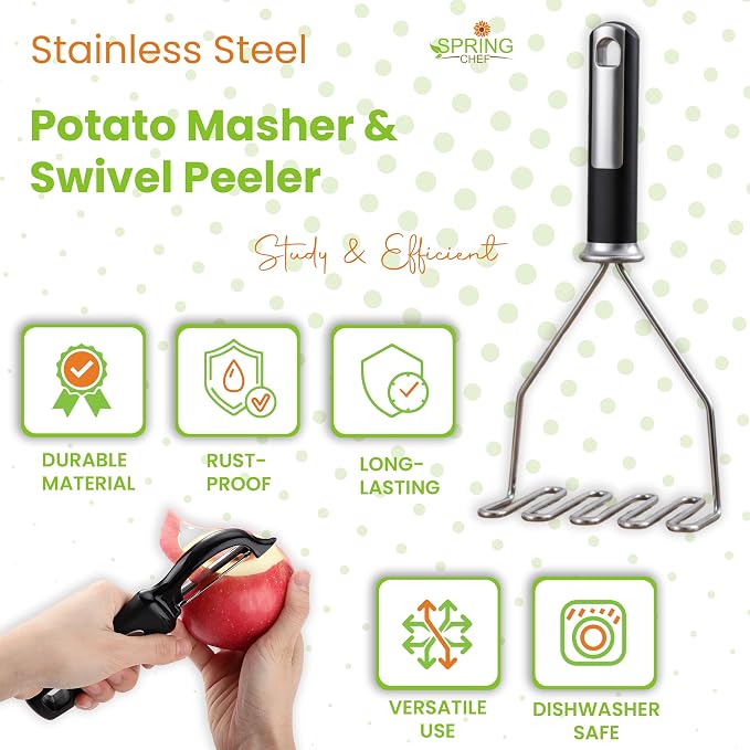 Spring Chef Stainless Steel Potato Masher & Durable Vegetable Peeler Set | Fruit & Food Smasher For Avocado, Banana, Eggs and Durable Potato Peeler with Sharp Blades & Soft Grip for Veggies & Fruits