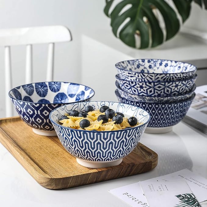 Selamica Blue and White Porcelain 20oz Cereal Bowl Set - Set of 6, 6 inch Soup Bowls, Ceramic bowls for Cereal, Soup, Salad and Pasta, Vintage Blue | Ceramic bowls for Cereal, Soup, Salad and Pasta
