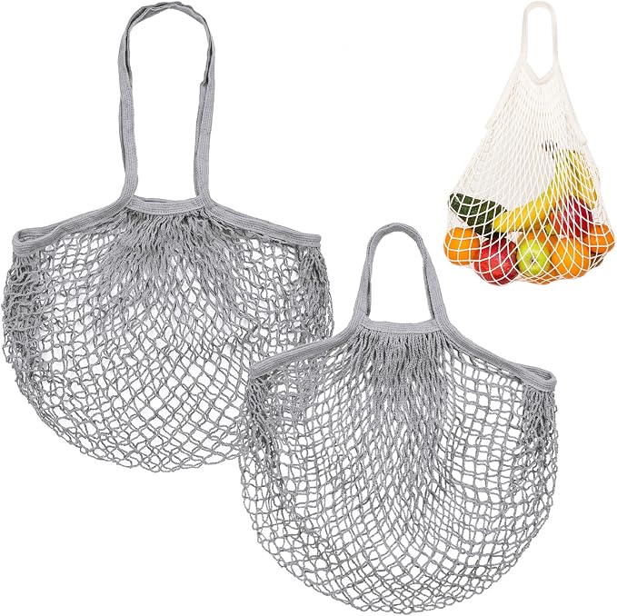 M METERXITY 2-Pack Cotton Mesh Bag, Reusable Washable Mesh Net String Grocery Bags, Reusable Produce Bags with Handle, Net Tote Bag for Fruits/Vegetables Shopping [Gray, Long&Short Handle]