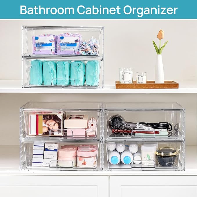 Vtopmart 4 Pack Large Clear Stackable Storage Drawers for Closet, Pantry | Easily Assemble Bathroom Closet Undersink Organizers,Plastic Bins for Cabinet,Kitchen Pantry,Medicine Organization