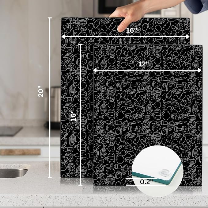 Glass Cutting Board 20”x16”: Tempered Glass Kitchen Counter Protector - Durable- Scratch-Resistant, Heat-Proof - Design 4 - Black Design