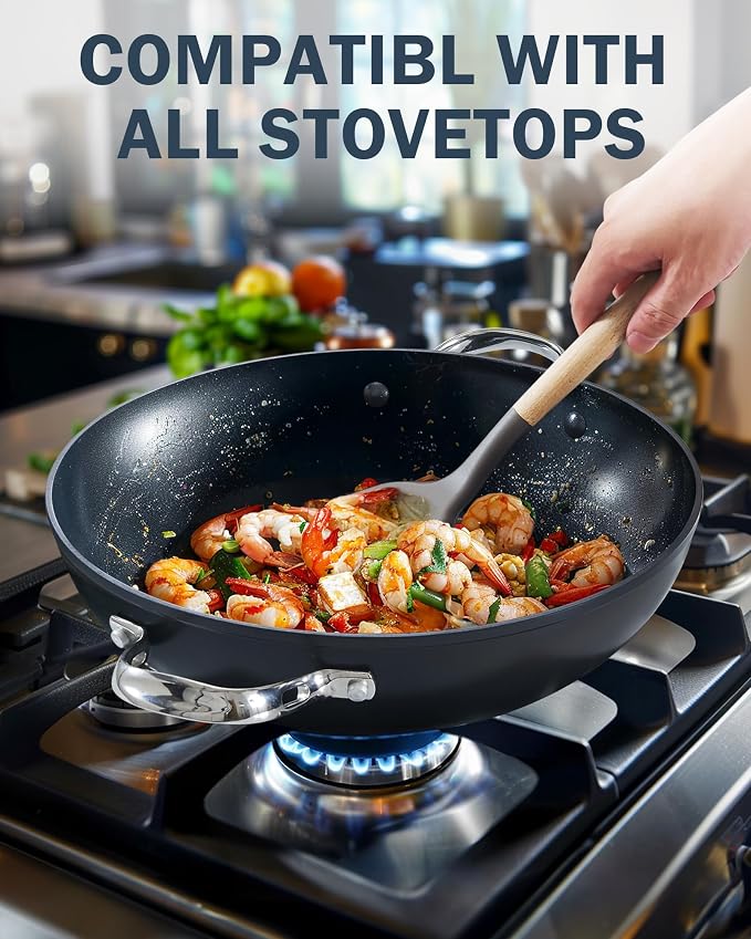 Cooks Standard 12-inch Hard Anodized Nonstick Wok Chef’s Pan 5-Qt | Deep Stir Fry Pan with Vented Glass Lid, Dual Side Handles, Flat Bottom Wok, Works on All Stovetops, Induction Ready