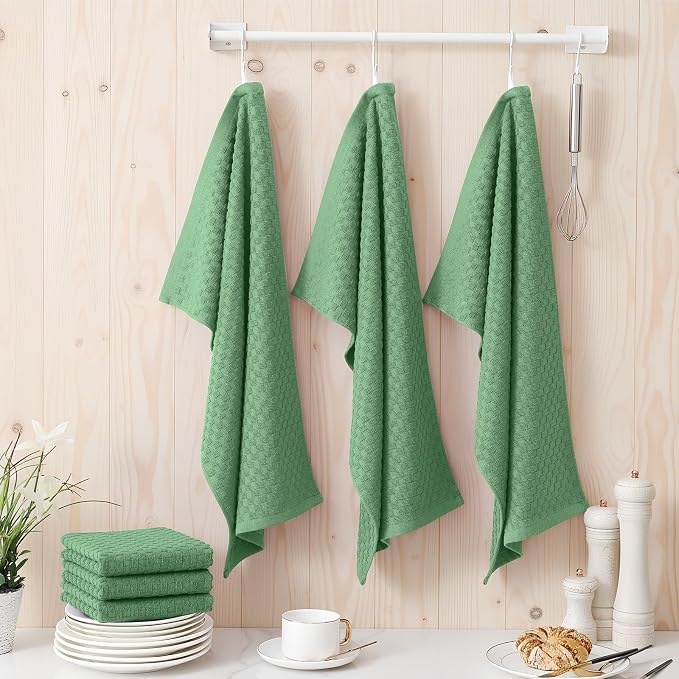 Homaxy 100% Cotton Terry Kitchen Towels(15" x 25", 12 Pack), Grass Green | Soft and Super Absorbent Dish Towels, 380 GSM Reusable Tea Towel with Hanging Loop, Pineapple Grid Designed