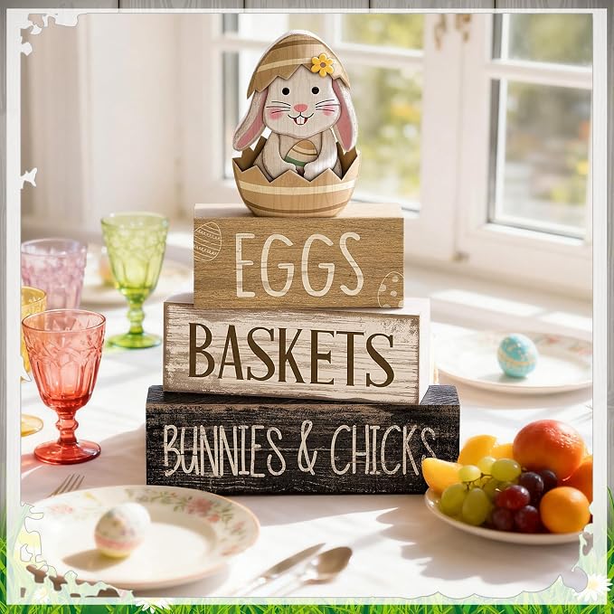 Lineshading 4 Pcs Wooden Farmhouse Tiered Tray Decor Rabbit Egg Signs | Rustic Home Decor for Shelves, Spring Easter Bunny Themed Stackable Blocks, Farmhouse Table Centerpiece Gift