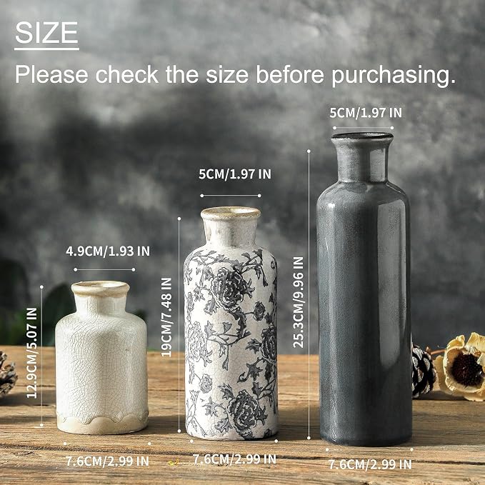 Ceramic Vintage Vase Set of 3, Vintage Flower Vases Home Decor Chinoiserie Decorative Retro Floral Vase Rustic Farmhouse Decor for Table Bookshelf Mantel Kitchen Living Room Office - Gray