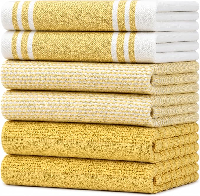 Premium Kitchen Towels 6 Pack 100% Cotton 20"x28" Dish Towels - Yellow Wide | Large Flat & Terry Kitchen Linen Set with Hanging Loops, Highly Absorbent for Washing and Drying Dishes