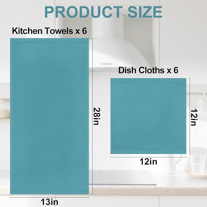 Homaxy 12 Pack 100% Cotton Kitchen Towels and Dishcloths Set, Lake Blue | 12 x 12 Inches and 13 x 28 Inches Kitchen Towels Set, Ultra Soft Absorbent Dish Cloths for Washing Dishes
