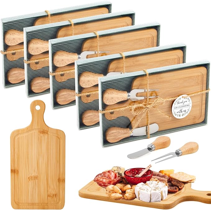 5 Sets Bridal Shower Favor Prizes Charcuterie Board,Bamboo Color | Bamboo Cheese Board with Knife Fork Thank You Tag, Gift Box for Guests, Valentines Wedding Baby Shower Party Favors