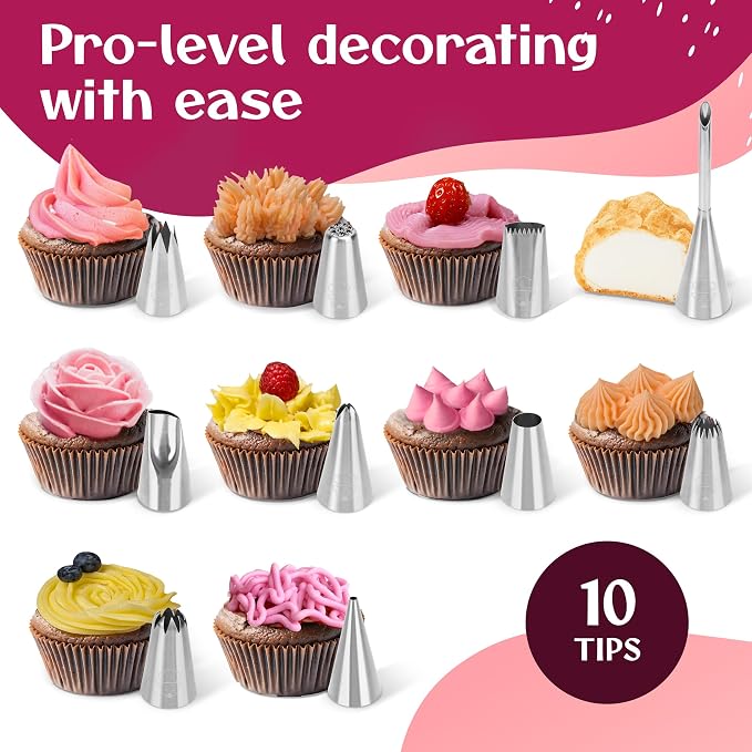 Cake Decorating Kit – Reusable 16" & 14" Cotton Piping Bags with 10 Large Stainless Steel Icing Tips – Durable, Food-Grade & Dishwasher Safe
