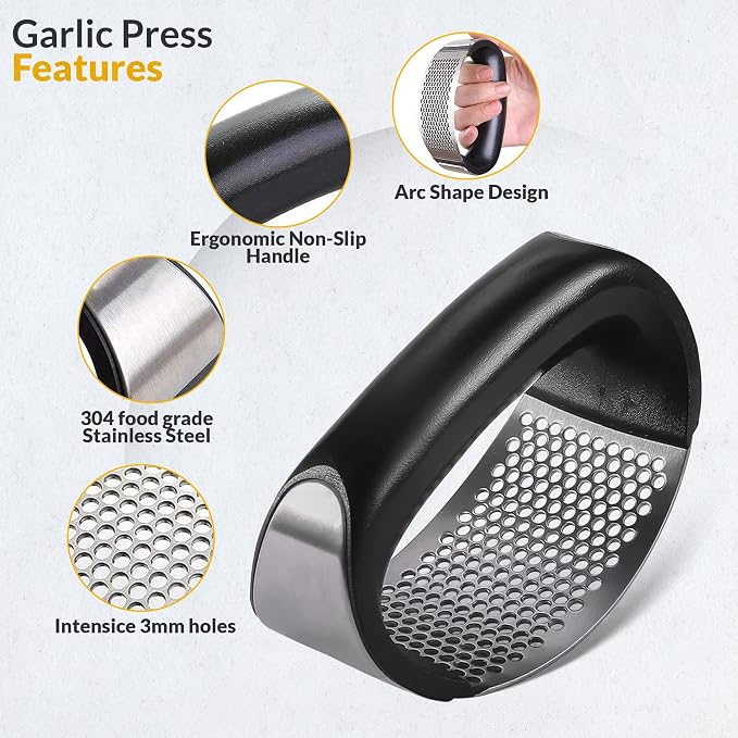Garlic Press - Dishwasher Steel Safe Garlic Mincer Crusher with Peeler, Brush