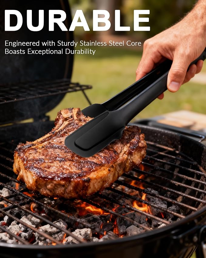 Professional Stainless Steel Kitchen Tongs, Dishwasher safe 12'' Black | Food-Grade Silicone Anti-Slip Design with Comfortable Grip, Multi-Purpose for Salad Serving, BBQ and Cooking