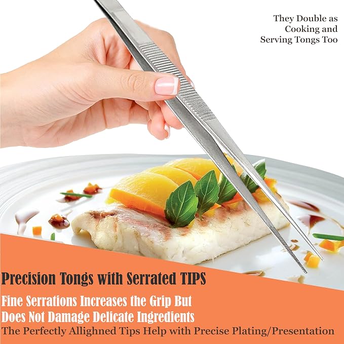Professional Culinary Stainless Steel Precision Tongs with Serrated Tips, Plating/Food Presentation Detailing Serving Tongs, Chef's Kitchen Tweezer Tongs - Ultra Non-Slip Grip (8" STR Slim)