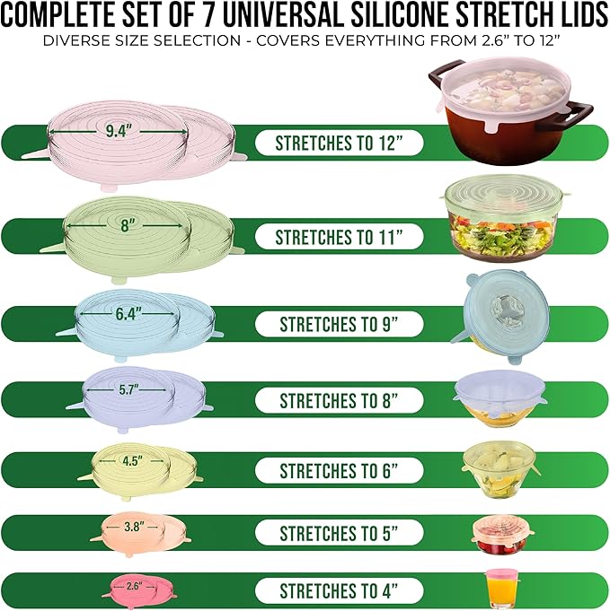 Reusable Silicone Stretch Lids for Food Storage in Fridge - Elastic Heat-Resistant Bowl Covers, Cups, Cans, Jars - Universal Food Grade Lid for Round and Rectangle Containers - 7 Pack - Colorful