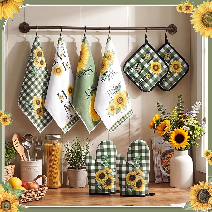 Leinuosen 8 Pcs Sunflower Green and White Checkered Kitchen Towels and Dishcloths Sets Pot Holders and Oven Mitts Sets Absorbent Kitchen Gloves Potholders Heat Resistant for Chef Baking Cooking