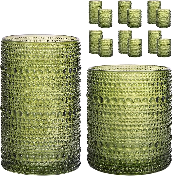 Moretoes Vintage Hobnail Drinking Glasses Set of 12,Green Water Glass Cups | Mixed Glassware Set, 6pcs 12oz Highballs and 6pcs 10oz Old Fashioned Glasses, Great for Cocktail, Whisky and Other Beverages