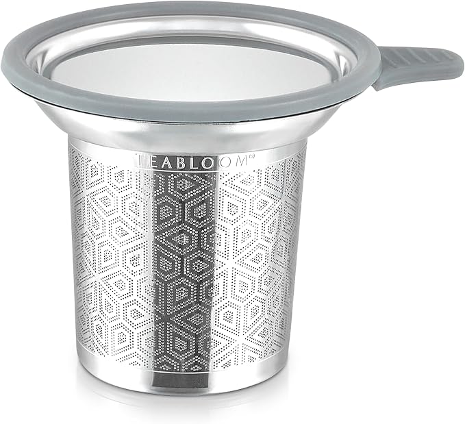 Teabloom Elegant Stainless Steel Loose Leaf Tea Infuser with Lid & Drip Tray – Extra Fine Mesh Basket for Mugs, Cups & Small Teapots – Food Grade Materials, Dishwasher Safe
