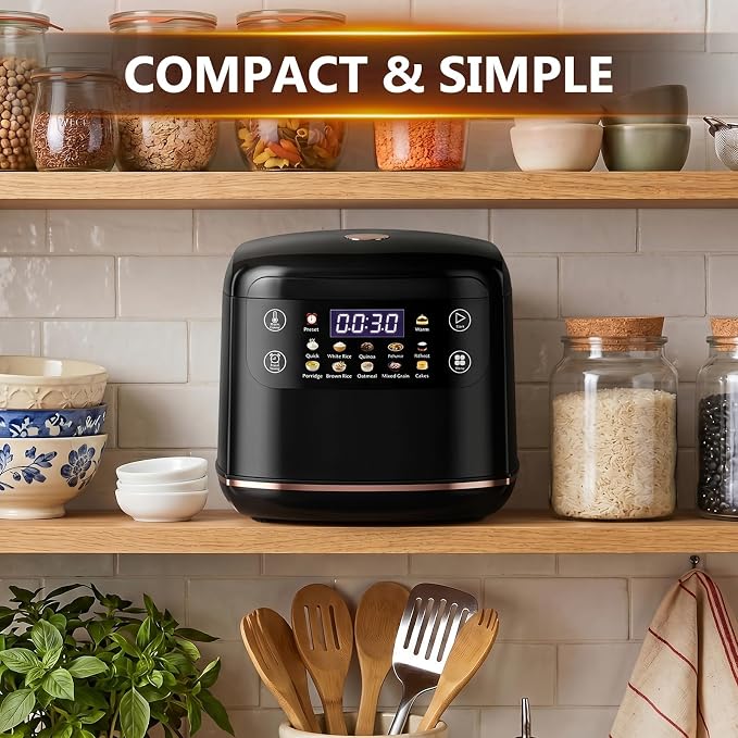 Portable Digital Rice Cooker, 6-Cup (Uncooked)/12-Cup (Cooked) Small Rice Maker with Steaming Basket, Mini Rice Cooker with 2L Removable Nonstick Inner Pot, 10 Menu Options, Auto Keep Warm, 24 Hour Delay Timer (Black)