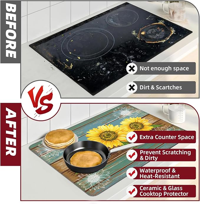 Stove Top Cover for Electric Stove 28" x 20" Sunflower Wood Grain Glass Flat Top Stove Mat Oven Induction Cooktop Mat for Ceramic Countertop Mats Heat-Resistant Dish Drying Mat Kitchen Decorations