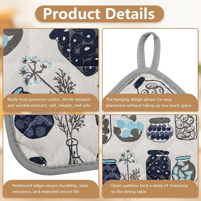 6-Pack Pot Holders for Kitchen, Quilted Hot Pads with Hanging Loop – Jar & Herb Pattern Heat Resistant Pot Holders for Hot Dishes, Pans & Oven Use(Grey)