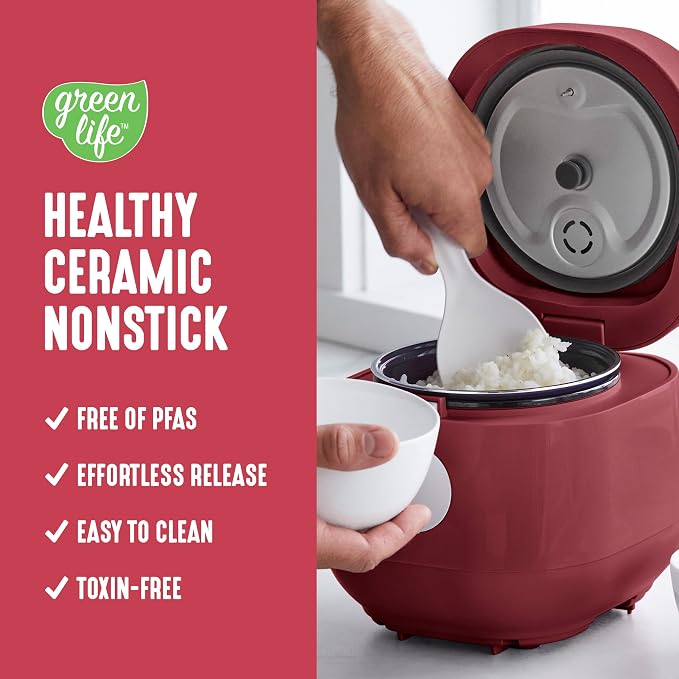 GreenLife Digital Rice Cooker, 2-Cups Uncooked/4-Cups Cooked, Red | PFAS-Free Ceramic Nonstick Coated 1.5QT Pot, One-Touch Presets, Oats, Quinoa, Brown Rice, Auto Warming, Fuzzy Logic Tech