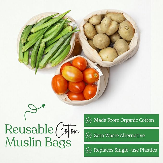Greenmile Organic Cotton Reusable Produce Muslin Bags