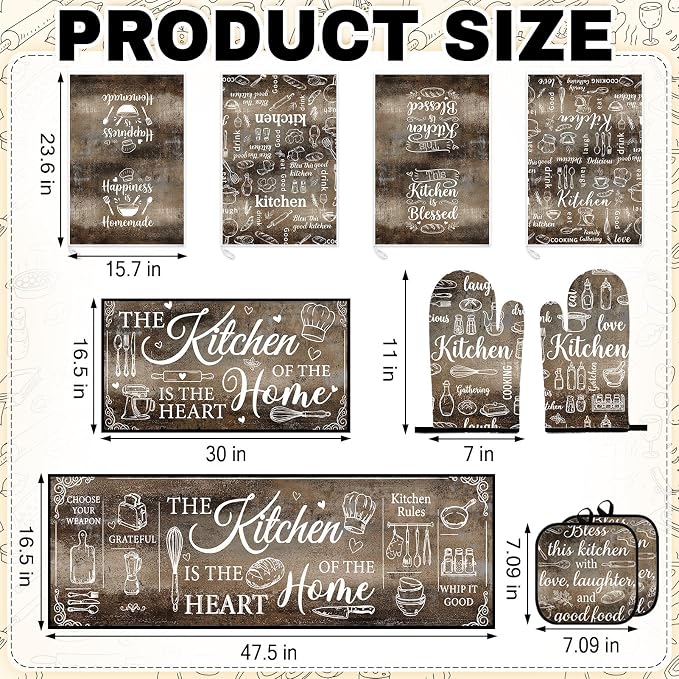 10 Pcs Kitchen Decor and Accessories Set, Vintage Rustic | Grunge Gray Brown 4 Dish Towels Kitchen Rugs 2 Oven Mitts 2 Pot Holders, Home Decor for Cooking Baking BBQ Housewarming
